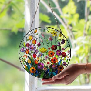 Wildflowers Stained Glass Suncatcher – Colorful Floral Glass Art | Handmade Botanical Window Decor | Unique Stained Glass Set Gift