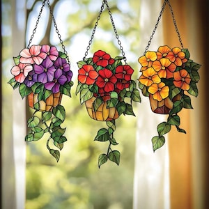 Set of 3 Hanging Flower Basket Acrylic Suncatchers – Faux Stained Glass Window Decor with Red, Yellow, and Purple Blooms, Garden Lover Gift
