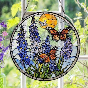Lavender Monarch Butterfly Stained Glass Suncatcher for Window Hanging Wall Decor Art Gift for Butterfly Lovers Flower Ornament Holiday Gift