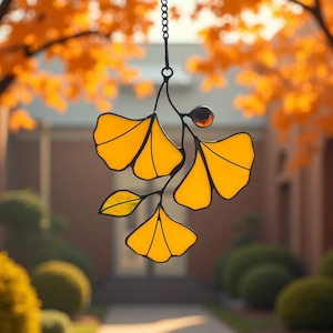 Ginkgo stained glass sun catcher window hanging, autumn leaf glass decor, yellow ginkgo window ornament, handmade glass art gifts for her.
