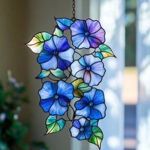 Morning Glory Stained Glass Suncatcher, September Birth Month Flower Window Hanging, Nature Lovers Decor, Flower Suncatcher