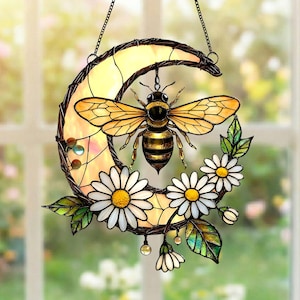 Bee Stained Glass Suncatcher Acrylic Window Hanging, Honeybee Gift for Garden Lovers, Bee Wildflower Suncatcher, Home Decor, Housewarming