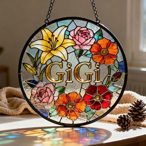 Personalized Stained Glass Sun Catcher, Custom Floral Name Sign, Hanging Window Decor, Gift for Mom Grandma, Mothers Day Gift
