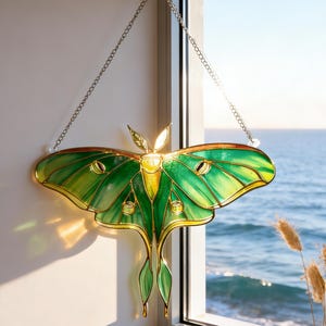 Green Moth Stained Glass Suncatcher, Handmade Nature Butterfly Window Hanging, Boho Sun Catcher Decor